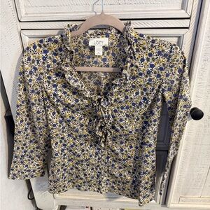 LOFT Blue and Yellow Floral Ruffle Tie-Neck Blouse